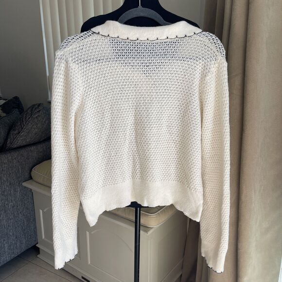 Corean Open Stitch Knit Polo Sweater Contrast Scallop Hem M - Picture 4 of 8